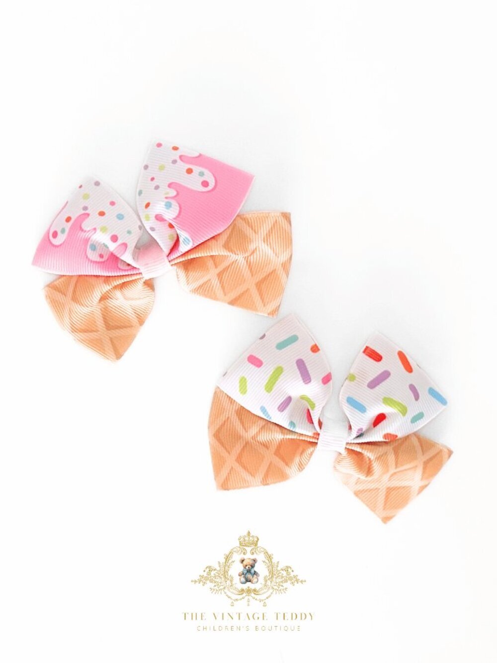 NWT Cute & Sweet Girls Hair Bows Grosgrain Ribbon Ice Cream & Sprinkles Set of 2 - Picture 1 of 2